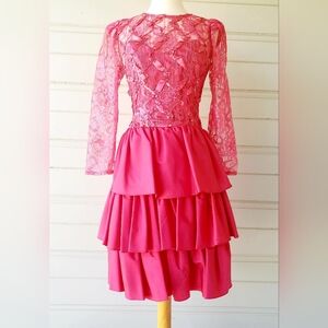 80s Vintage ZUM ZUM Hot Pink Tiered Lace Cocktail Party Dress XS 0